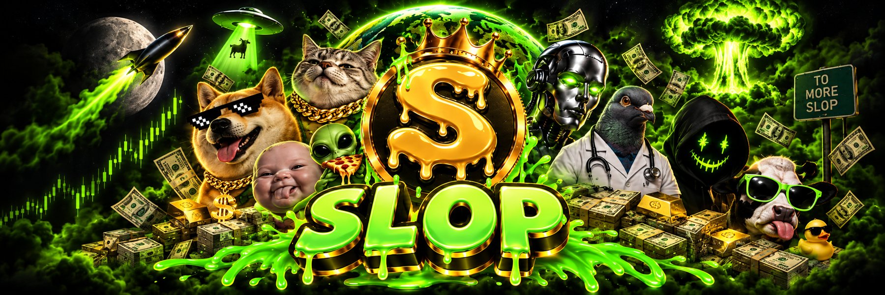 The Slopcoin banner: a gold dripping S coin wearing a crown above slime-green SLOP lettering, surrounded by meme characters, stacks of cash and a green chart heading to the moon.