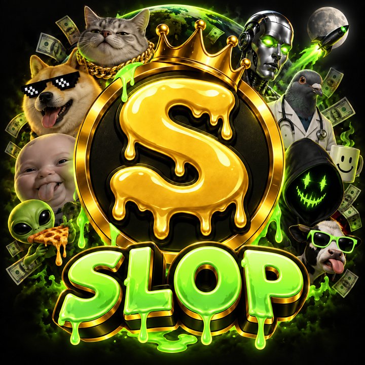The Slopcoin logo: a gold dripping S coin with a crown and the word SLOP in green slime.